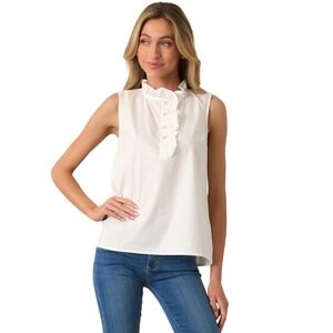 Prosperina Sleeveless Blouse Women White Ruffle Neck Pearl Button Cotton Poplin